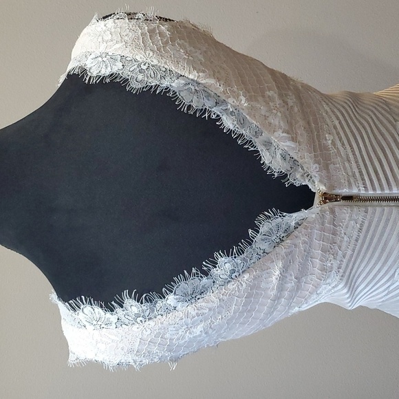 NWT Marchesa Notte off white striped mesh over lace high low hem dress - Picture 3 of 10